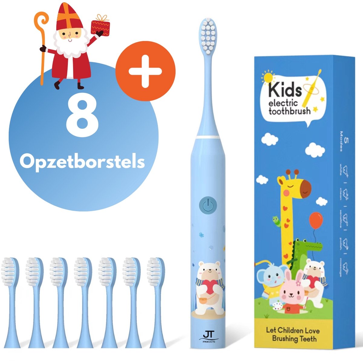 JT Products Sonische Elektrische Baby Tandenborstel Blauw Beer – Vanaf 3 Jaar - Oplaadbaar - Met Timer - 5 Poetsstanden - Peuter - Kind - Waterdicht - Cadeau Baby - Elektrische Tandenborstel Kinderen - Kindertandenborstel - Electrische Tandenborstel