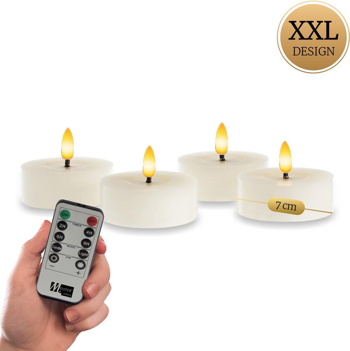 Meisterhome® XXL LED-theelichten 4-delige set Ivory – vlamloze LED kaarsen - flikkerend licht - LED Waxinelichtjes – Ø 7 cm, hoogte 3 cm – gemaakt van echte wax – met timer & afstandsbediening – werkt op batterijen – warm wit licht
