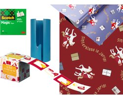 Product afbeelding van Sinterklaas inpak pakket - 4 rollen inpakpapier - plakband - sticker labelbox - met papiersnijder