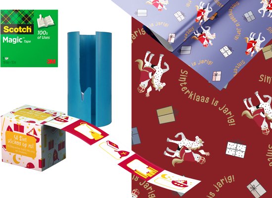 Sinterklaas inpak pakket - 4 rollen inpakpapier - plakband - sticker labelbox - met papiersnijder