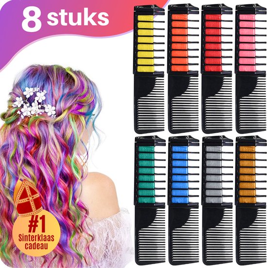 JT Products Haarkrijt Inclusief Kam 8 Kleuren – Voor Kinderen - Kinderfeestje - Haar Krijt Cadeau - Haarspray Kleur - Hair Chalk – Haarverf – Haarmascara - Haarstift - Haarkleuring- Feestje Kind - Carnaval - Sinterklaas Cadeautjes