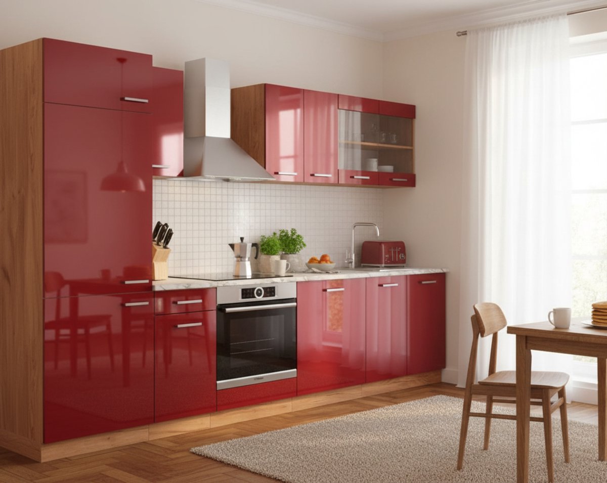 Complete Keukeneenheid Keukenblok 300 cm Rood Hoogglans/Goldkraft Eiken – Modern Vloermontage, Stofdicht, Met Marble-Wit Werkblad en Onderkasten 60 x 300 x 81,6 cm – Novihome