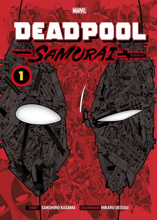 Deadpool Samurai 1 comic omslag met Deadpool's gezicht opgebouwd uit wapens en samurai-elementen. Rode achtergrond met patronen.