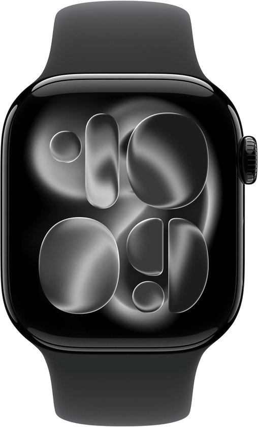 Montre Apple noire avec bracelet de sport noir et affichage de l'heure.