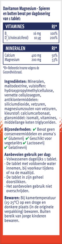 Ingrediënten en gebruiksaanwijzing voor Davitamon Magnesium: mineralen, calcium, magnesium, vitamines B3 en D3.
