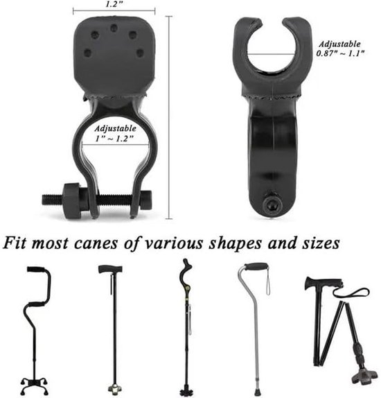 2-pack zwarte, duurzame wandelstokhouder - Wandelstokstandaard - Rolstoelaccessoires - Opvouwbare wandelstokhouder voor elektrische scooters - Accessoires voor wandelstokhouders - Zaklamphouder voor fiets — afbeelding 5