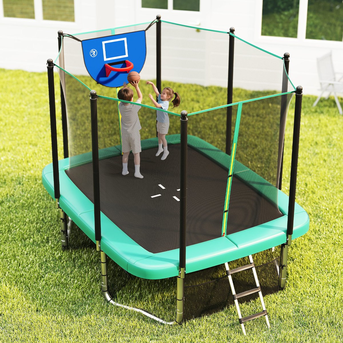 COSTWAY Trampoline voor buiten, rechthoekig, 3-in-1 kindertrampoline met ladder, basketbalkorf en voetbaldoel, tuintrampoline met veiligheidsnet en metalen frame, voor kinderen en volwassenen, groen — afbeelding 3