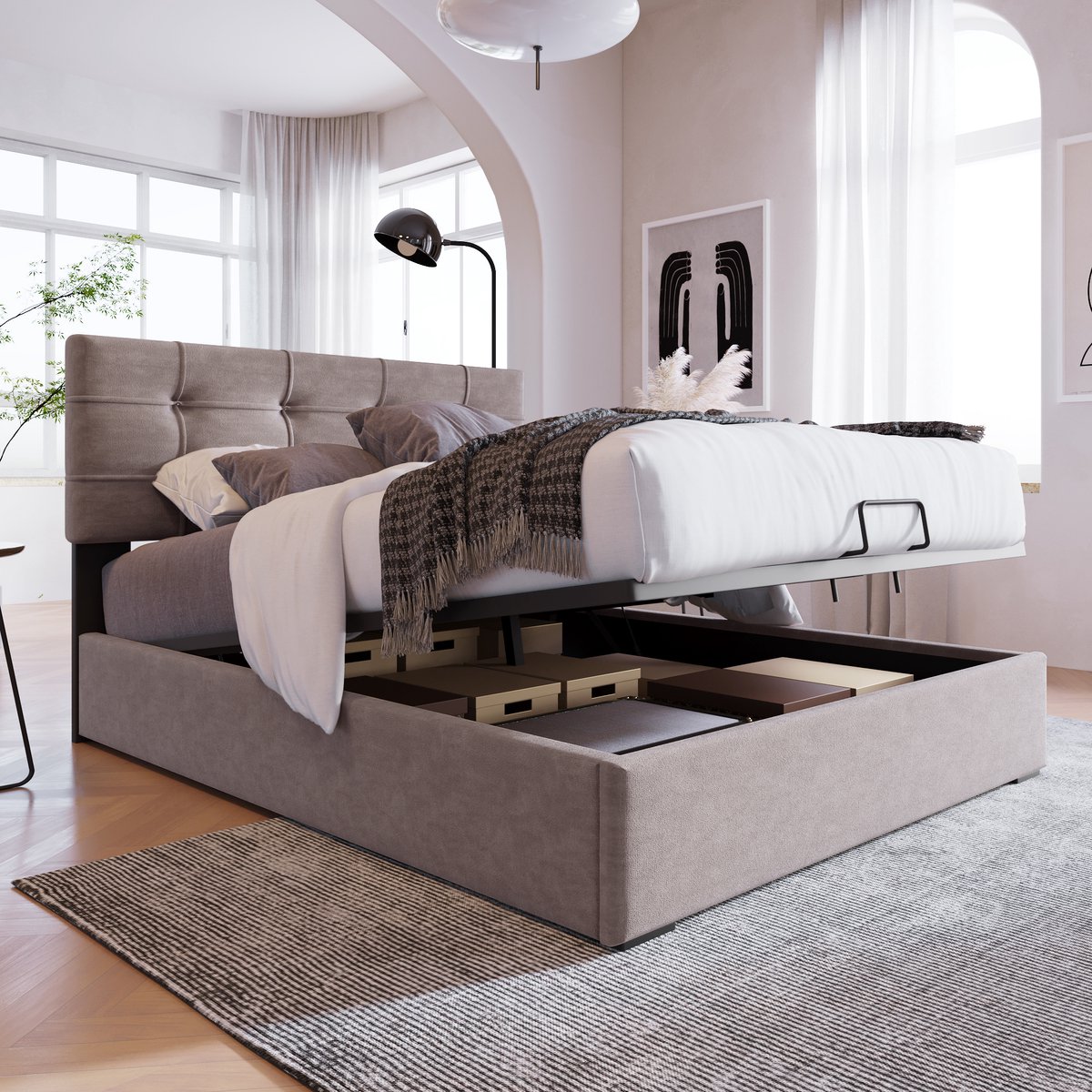 STILVORA Eenpersoonsbedden 90x200 cm - Gestoffeerd Bed Met Onderbed - Hydraulisch Bed Met Opbergruimte - Massief Hout - Grijs (exclusief Matras)