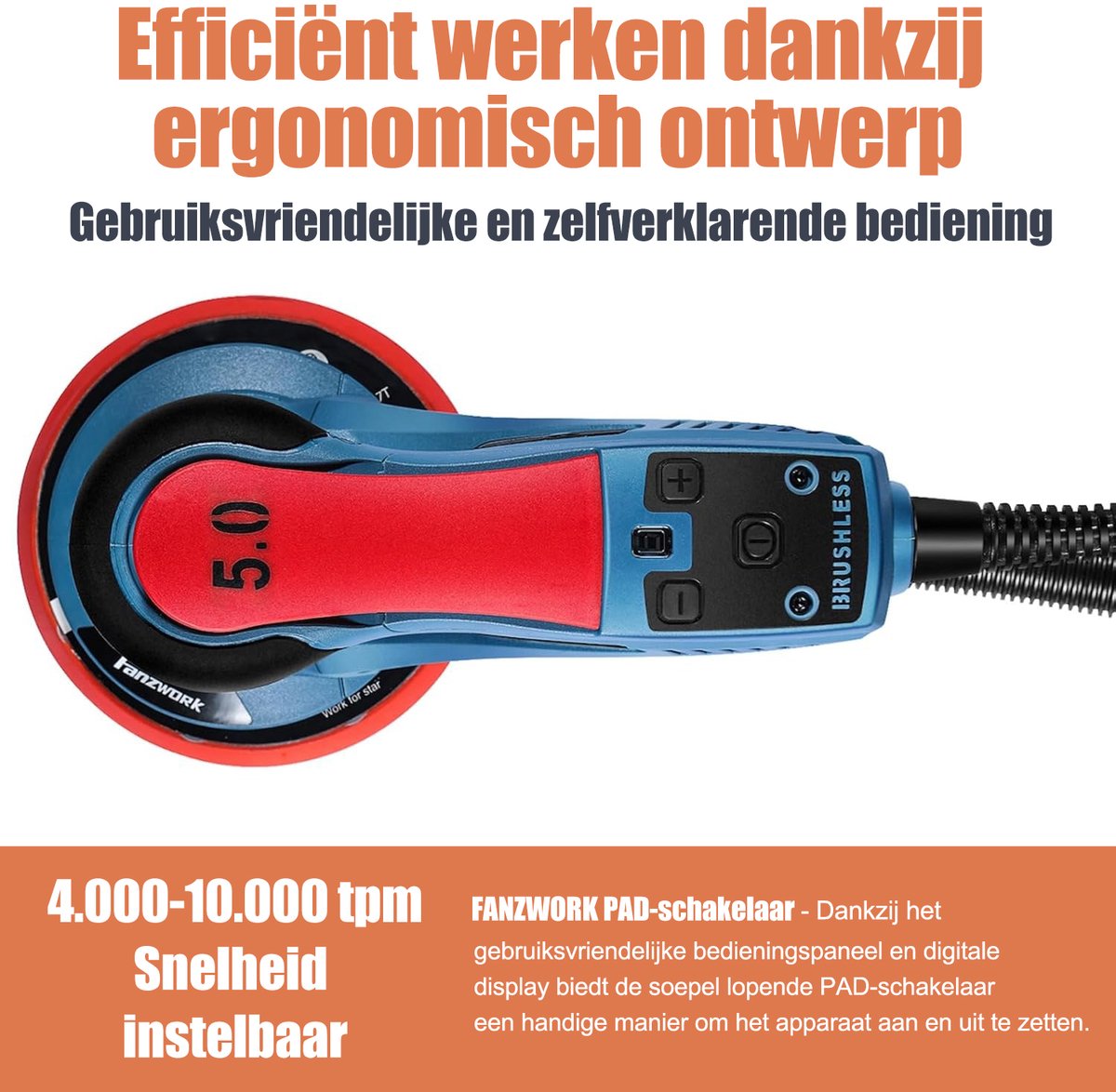 Borstelloze Excentrische Schuurmachine 350W – 5 mm Excenter – 125/150 mm – Regelbaar – Met Koffer – foto 3