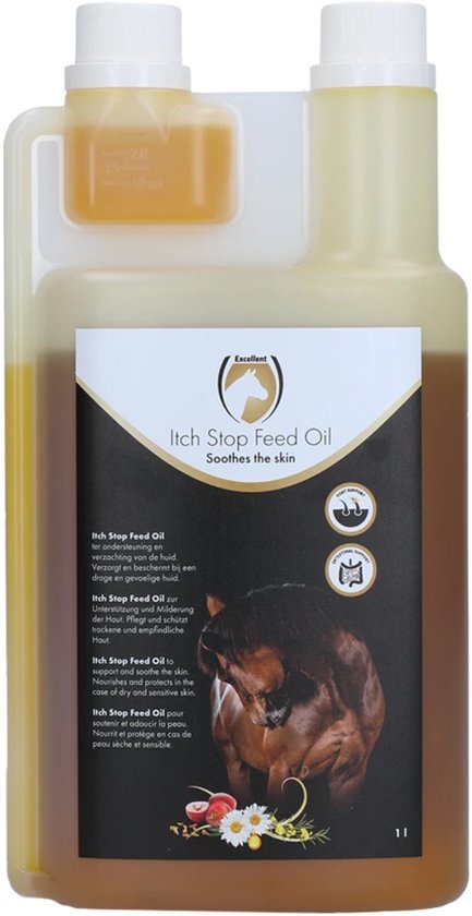 Excellent Horse Glanzende vacht Paard Supplement 1 L - Met Omega 3 - Ondersteunt verzachting van de huid van binnenuit - Paardenverzorging - Itch Stop Feed Oil