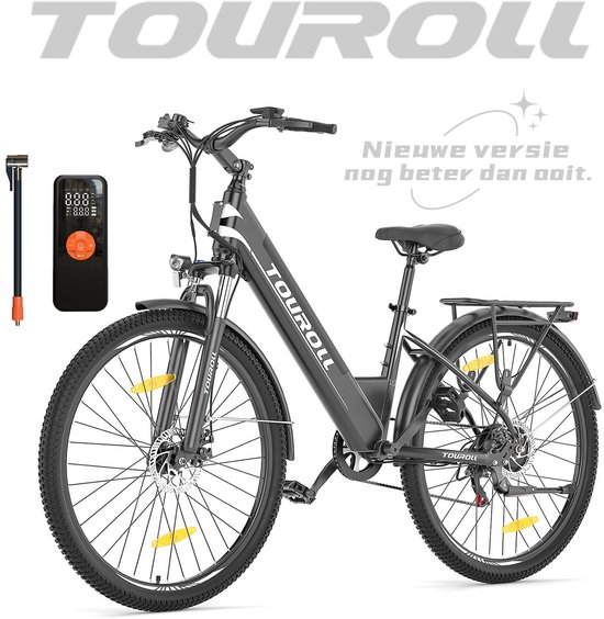 【Touroll J1 ST Value Gift Set, bestaande uit: Afneembare voormand + Fietsbekerhouder + Premium elektronische luchtpomp】 27,5 inch Trekking Bike met 250W Motor, 36V 15.6Ah Batterij, Max 100km Bereik, 1.8" LCD Display Shimano 7-Speed Schijfrem - Zwart