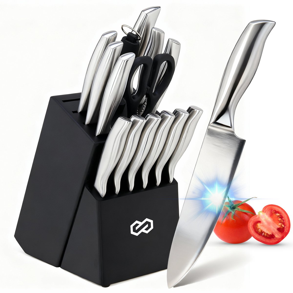 Infinity Goods Messenset - Messenblok - 16 Delig - Met Blok Messenslijper En Schaar - Krasbestendig - RVS - Zilver/Zwart