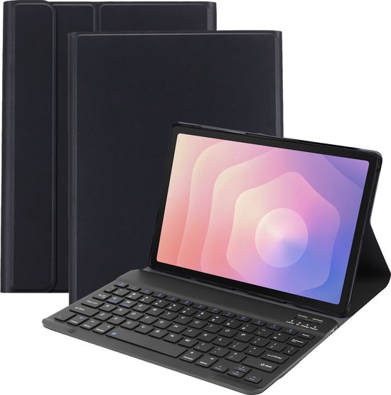 Zwarte QWERTY toetsenbordhoes met een Samsung tablet erop, in de hoek geplaatst.