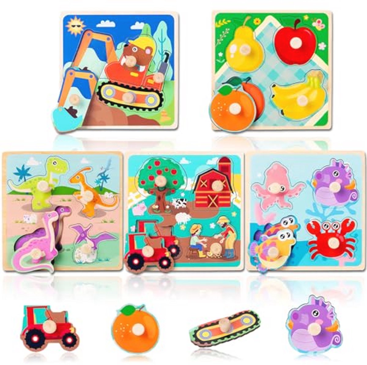 Houten Peg Puzzels voor Peuters - Vijf Stukset voor 1 tot 3 Jaar Oud