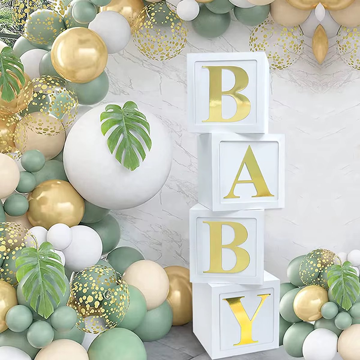 Set 4 Luxe 'BABY' boxen - Babyshower & Gender reveal - decoratie - Witte kubusdozen met glanzende gouden letters - doos 30 x 30 cm