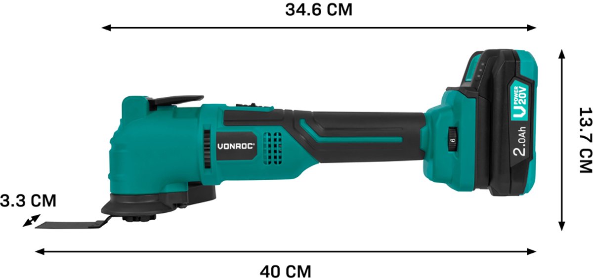 VONROC Accu Multitool 20V - met schraapmes, invalzaagblad, schuurzool en schuurpapier - 6 snel-heden: 7.000 - 19.000 rpm - Incl. 2.0Ah accu en snellader thumbnail 5