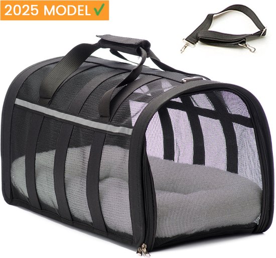 Katten reismand - 47x27x25cm - Reismand kat - Zwart - Opvouwbaar met schouderband en comfortabele mat - Kattenmand - Extra stevig & veilig model