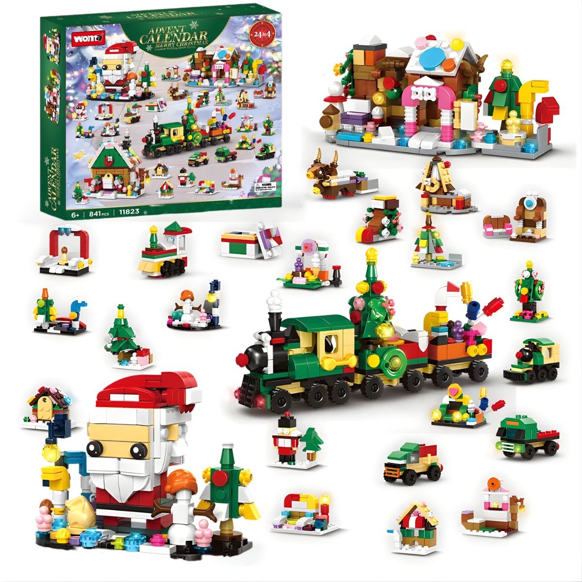 Woma 11823 28 in 1 Kerst adventskalender 2025 - 2026 aftelkalender bouwset | Incl mini kerstboom / trein | Creator classic bouwpakket | Educatief speelgoed voor volwassenen & kinderen | Ideas modelbouw geschikt voor lego | Bouwdoos met 841 bouwstenen