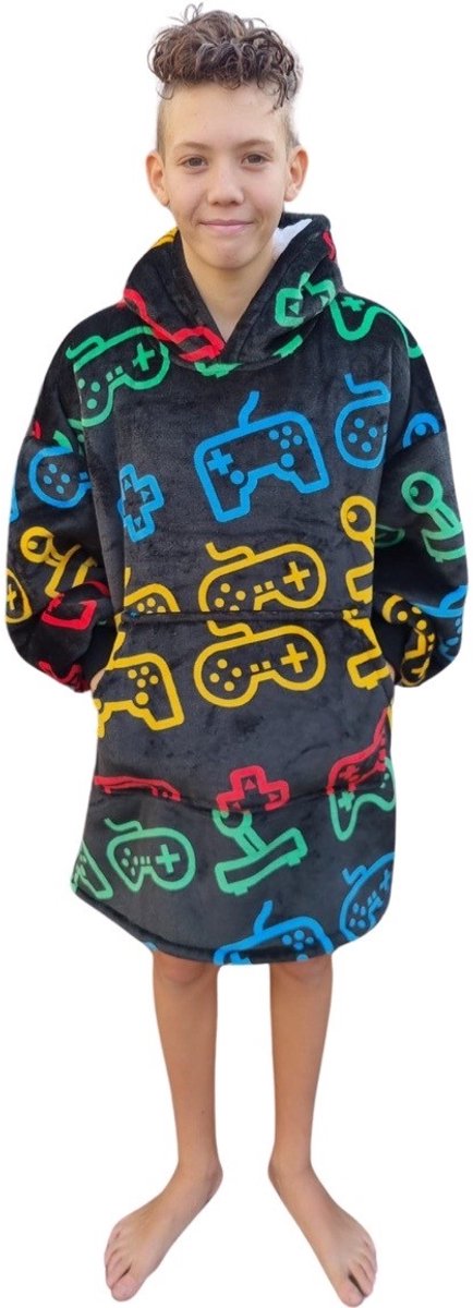 Hoodie Deken Kind - Deken met Mouwen voor Kinderen - super zacht - Fleece Deken met Mouwen - 134 t/m 164 (ca. 8-14 jaar) - game