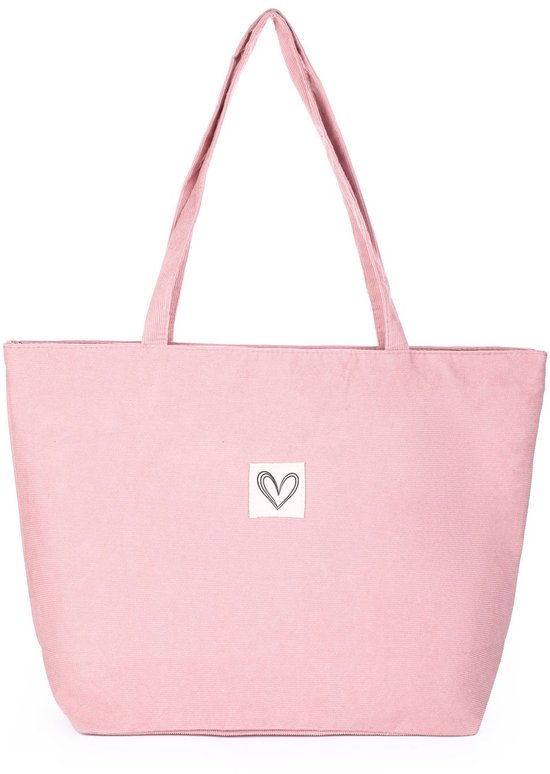 Shopper tas - Trendy draagtas - Corduroy - Oudroze - Rits - Handvaten
