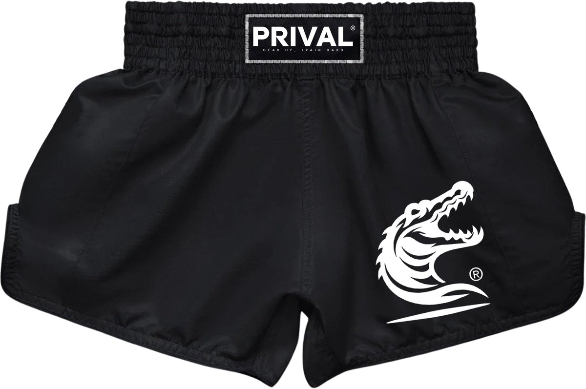 PRIVAL Kickboksbroek - XL – Muay Thai Shorts – Unisex – Lichtgewicht & Ademend – Zwart met Logo – Comfortabele Pasvorm voor Training & Wedstrijd