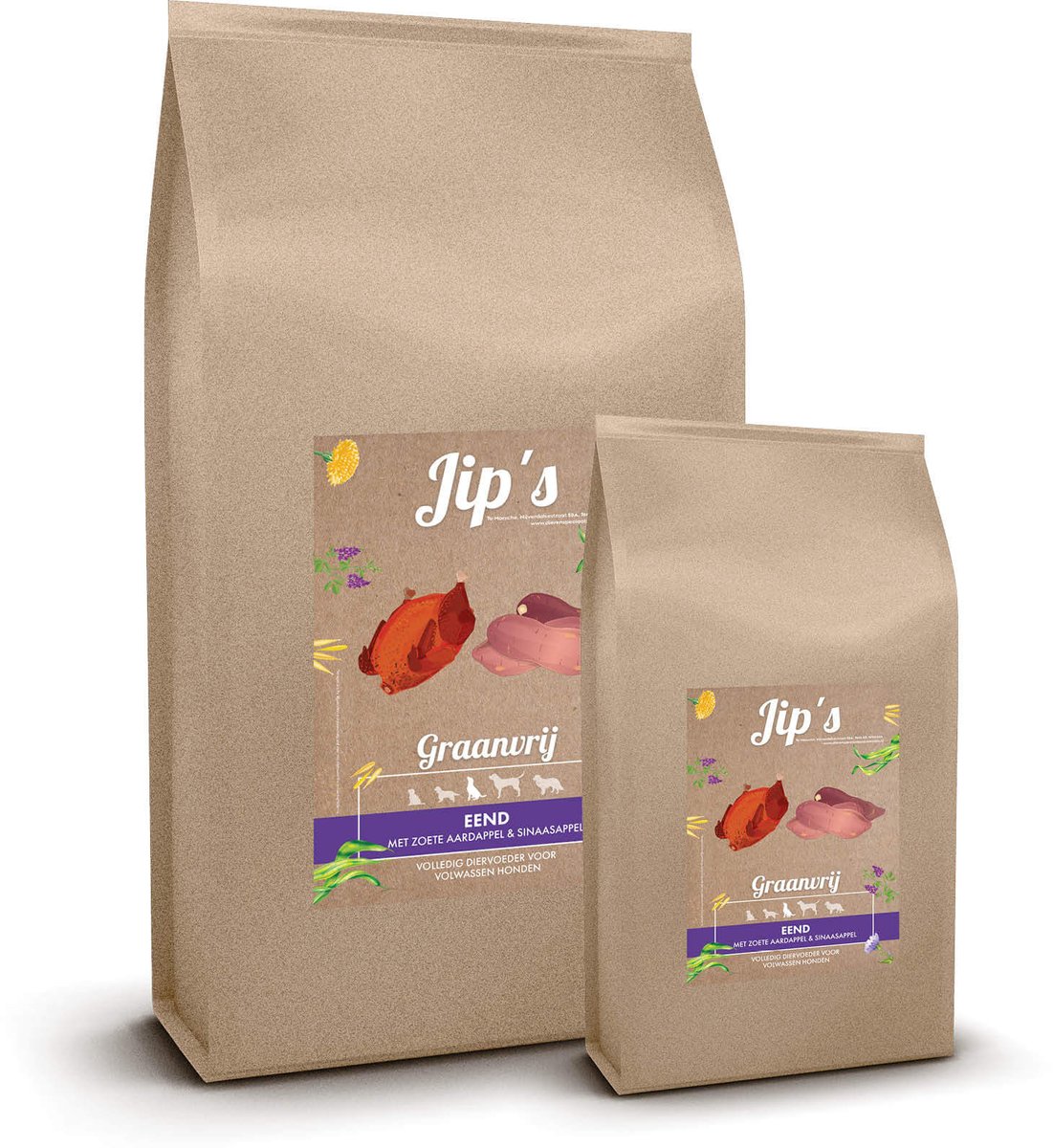 Jip's Voeding Jips adult Eend - Hondenvoer - Ook voor gevoelige honden - Graanvrij - extra omega 3 - 2 kg