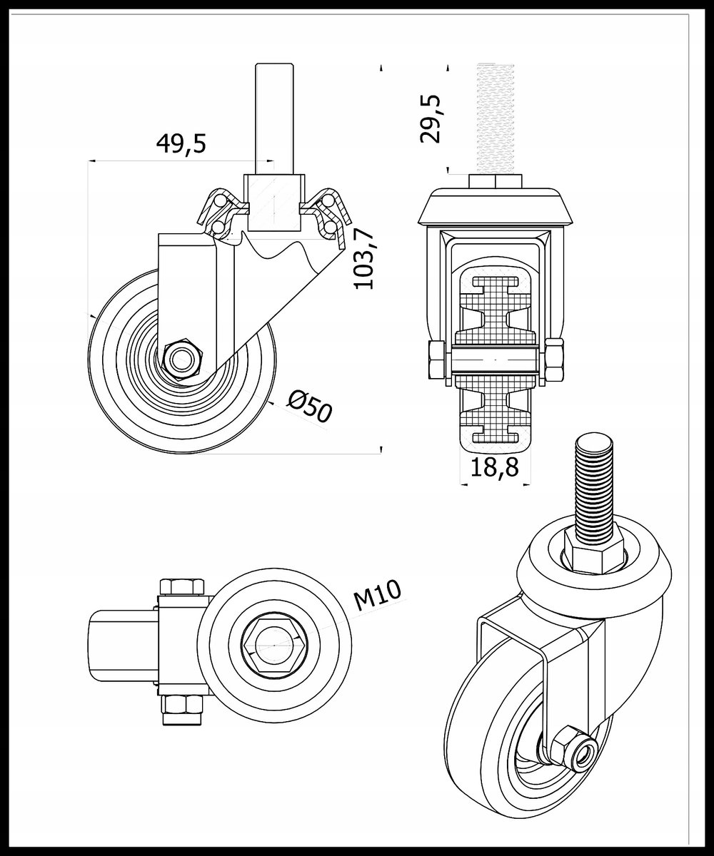 Möbelwiel met M10 Schroefdraad, 50mm diameter, 40kg sleepvermogen