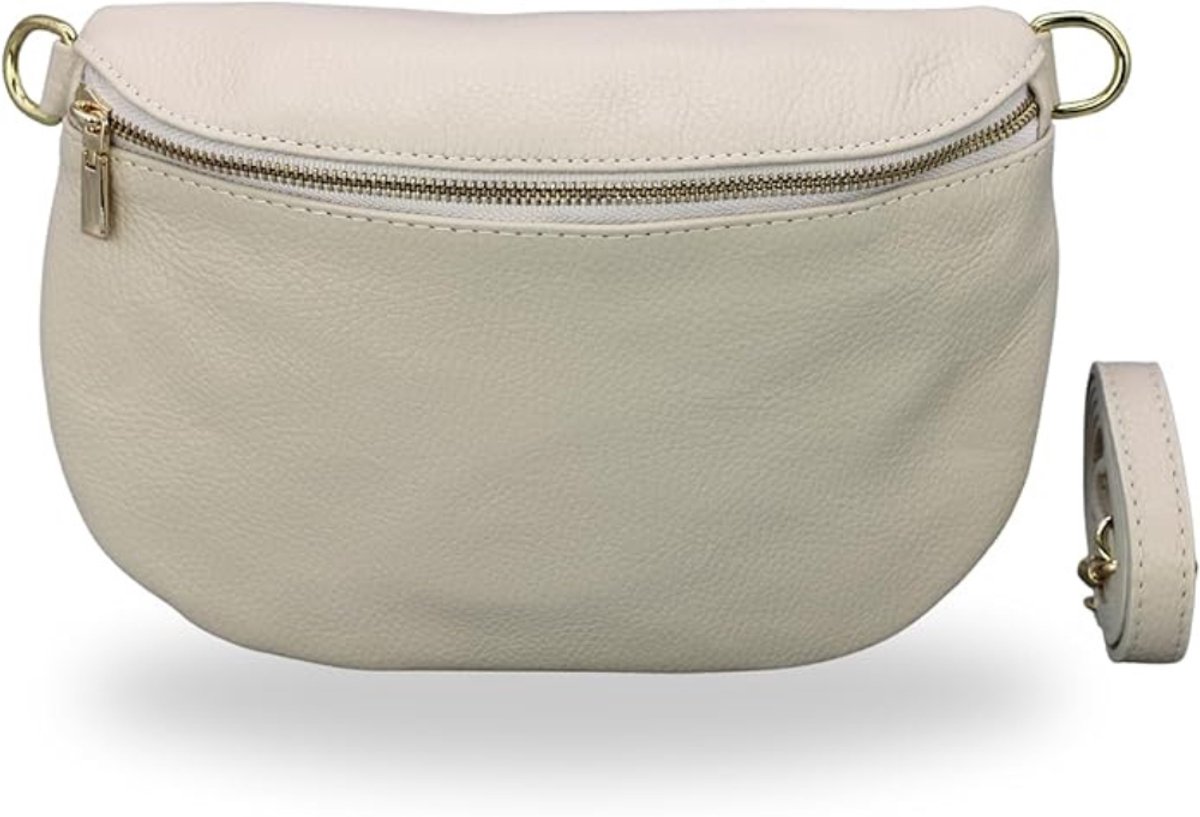 BELCHOME AFIA heuptas voor dames, handgemaakte schoudertas en crossbodytas van echt leer met leren riem en brede schouderband met patroon, 3 vakken, stijlvol, gemaakt in Italië, gouden rits, Beige