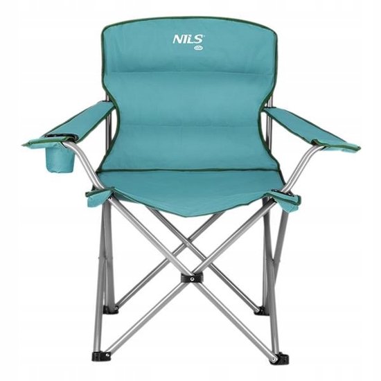 Turquoise campingstoel met donkergroene bies, bekerhouder en 'NILS' logo. Zilverkleurig frame.