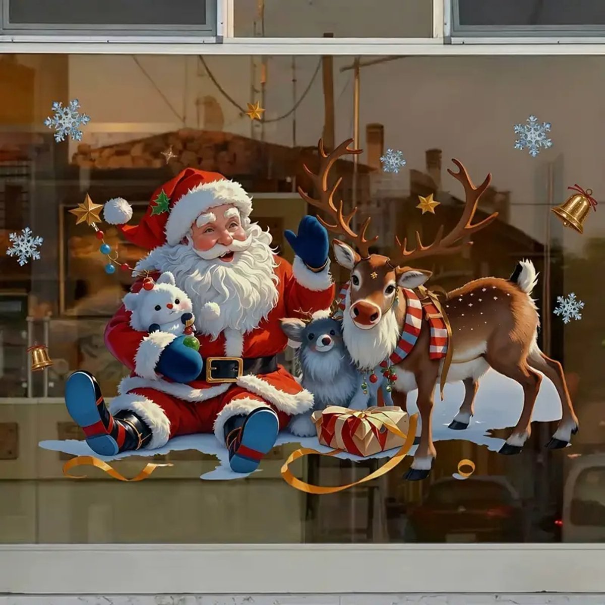 Raamstickers kerst | Kerstman met rendier - Kerstversiering - Raamdecoratie feestdagen