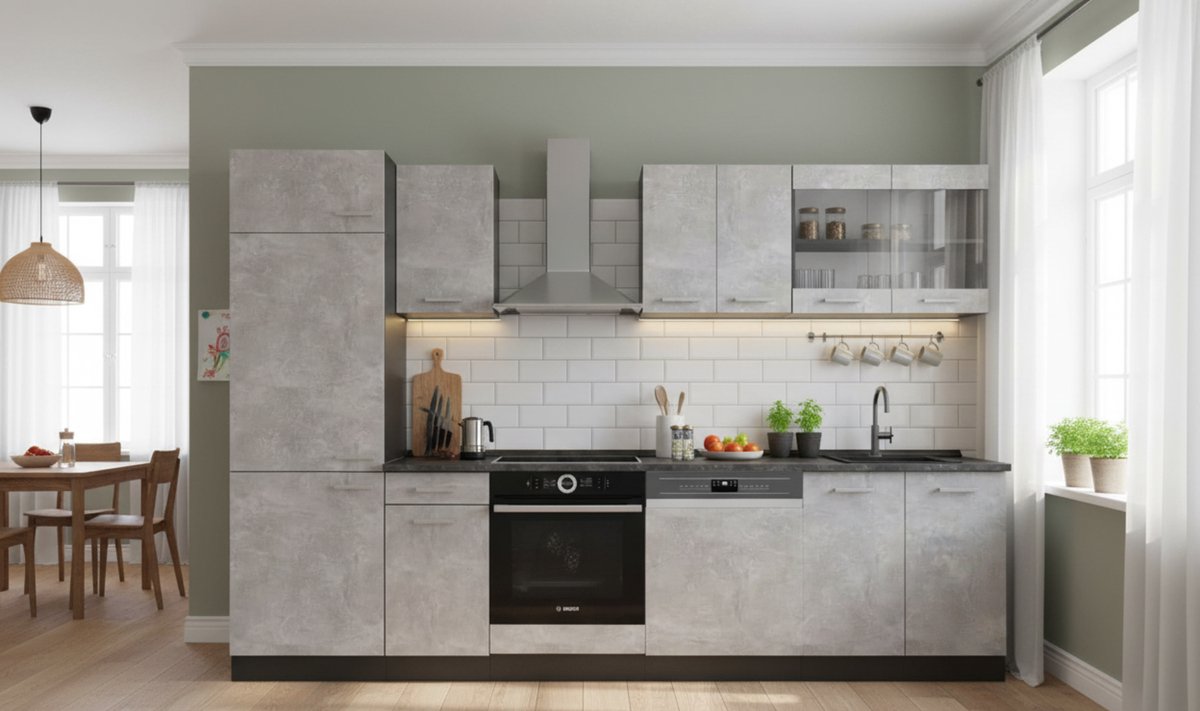 Keukenblok 300 cm Modern Beton/Antraciet – Complete Modulaire Keuken met Werkblad, Verstelbare Poten, Luxe Design & Uitbreidbaar Systeem – 300x207x60 cm – Novihome