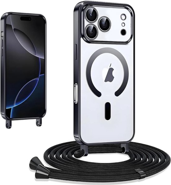 Transparante hoes met zilveren rand en zwart koord, naast een telefoon. Het koord is ook in rolvorm te zien.