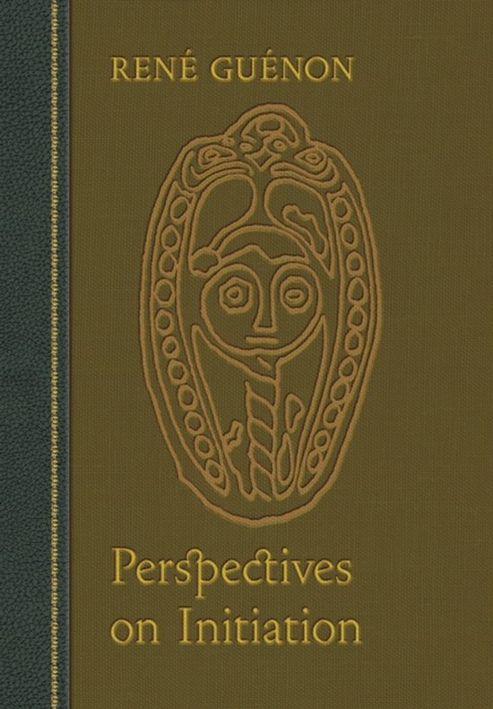 Boek "Perspectives on Initiation" van René Guénon met een gouden gravure van een gezicht en een rand van cirkels.