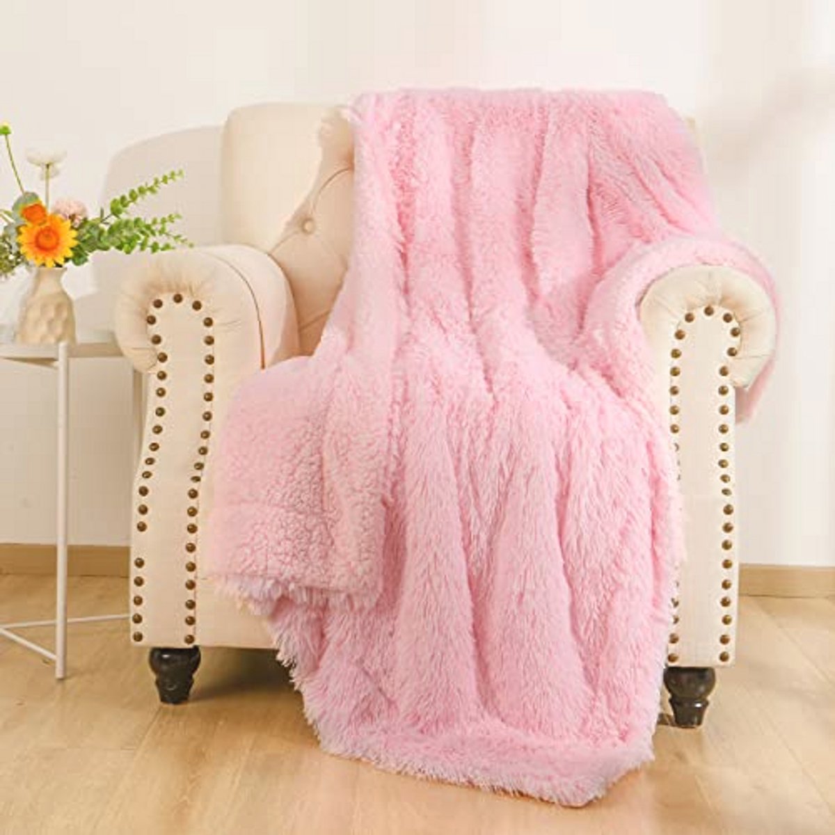 Zachte babyroze pluche plaid - lichtgewicht kunstbont deken voor bed en bank - wasbaar 152 x 203 cm
