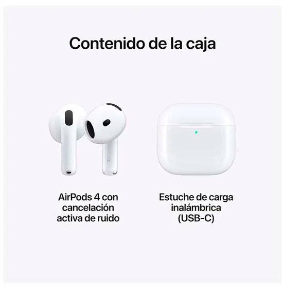 Contenu de la boîte : AirPods 4 blancs avec réduction du bruit et boîtier de chargement sans fil blanc (USB-C).