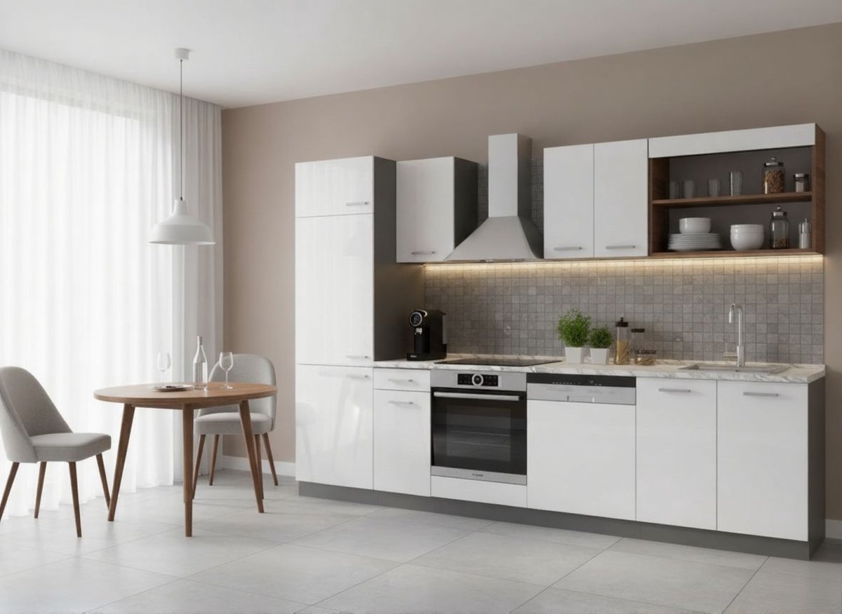 Keukenblok 300 cm Wit Hoogglans/Antraciet – Moderne Complete Keukeneenheid met Wit Marmer Werkblad, Verstelbare Poten & Stofdichte Afwerking – 300x207x60 cm – Novihome