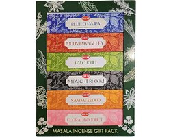 Hem Satya Goloka Masala Wierook Geschenkset cadeauset (6 x 20 stokjes) – Premium Blue Champa, Patchouli, Sandelhout, Midnight Bloom, Floral Bouquet, Mountain Valley met Kajal Sticker