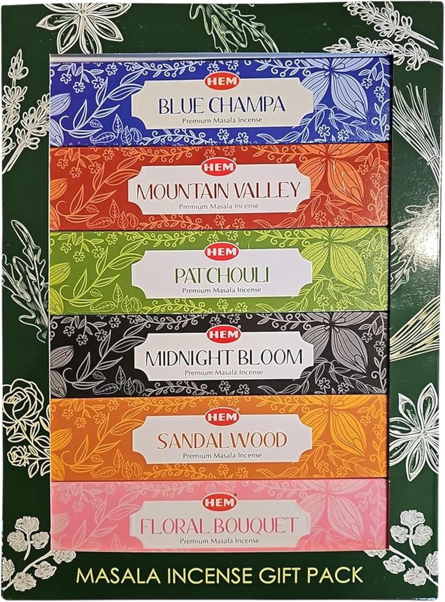 HEM Satya Goloka Masala Wierook Geschenkset cadeauset (6 x 20 stokjes) – Premium Blue Champa, Patchouli, Sandelhout, Midnight Bloom, Floral Bouquet, Mountain Valley met Kajal Sticker Blauw