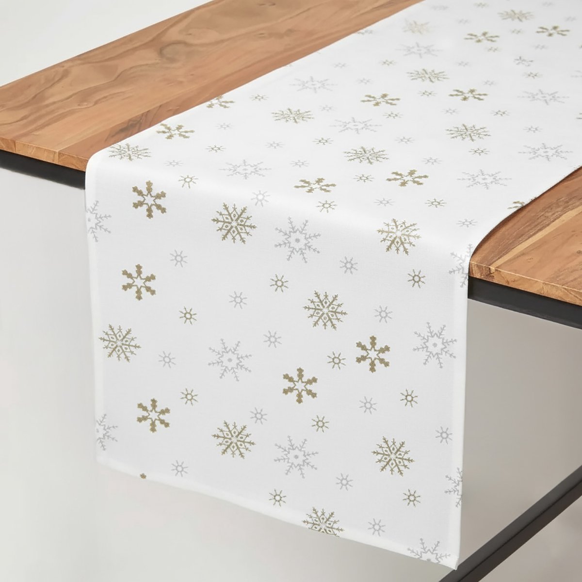 Homescapes 100% katoenen sneeuwvloktafelloper, wit en goud