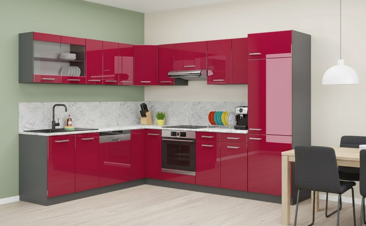 Hoekkeuken 227x287 cm – Luxe L-vorm keuken met Marmer Werkblad – Bordeaux Hoogglans & Antraciet – Moderne Design Keuken met Stofdichte Afwerking – Novihome
