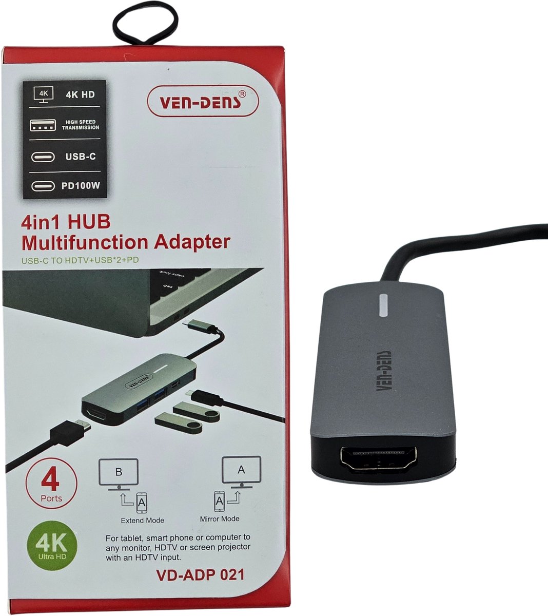 VEN-DENS® USB-C Hub 4-in-1 – 4K HDMI – 2× USB 3.0 – USB-C PD 100W – Multifunctionele Adapter voor Laptop, Tablet & Smartphone
