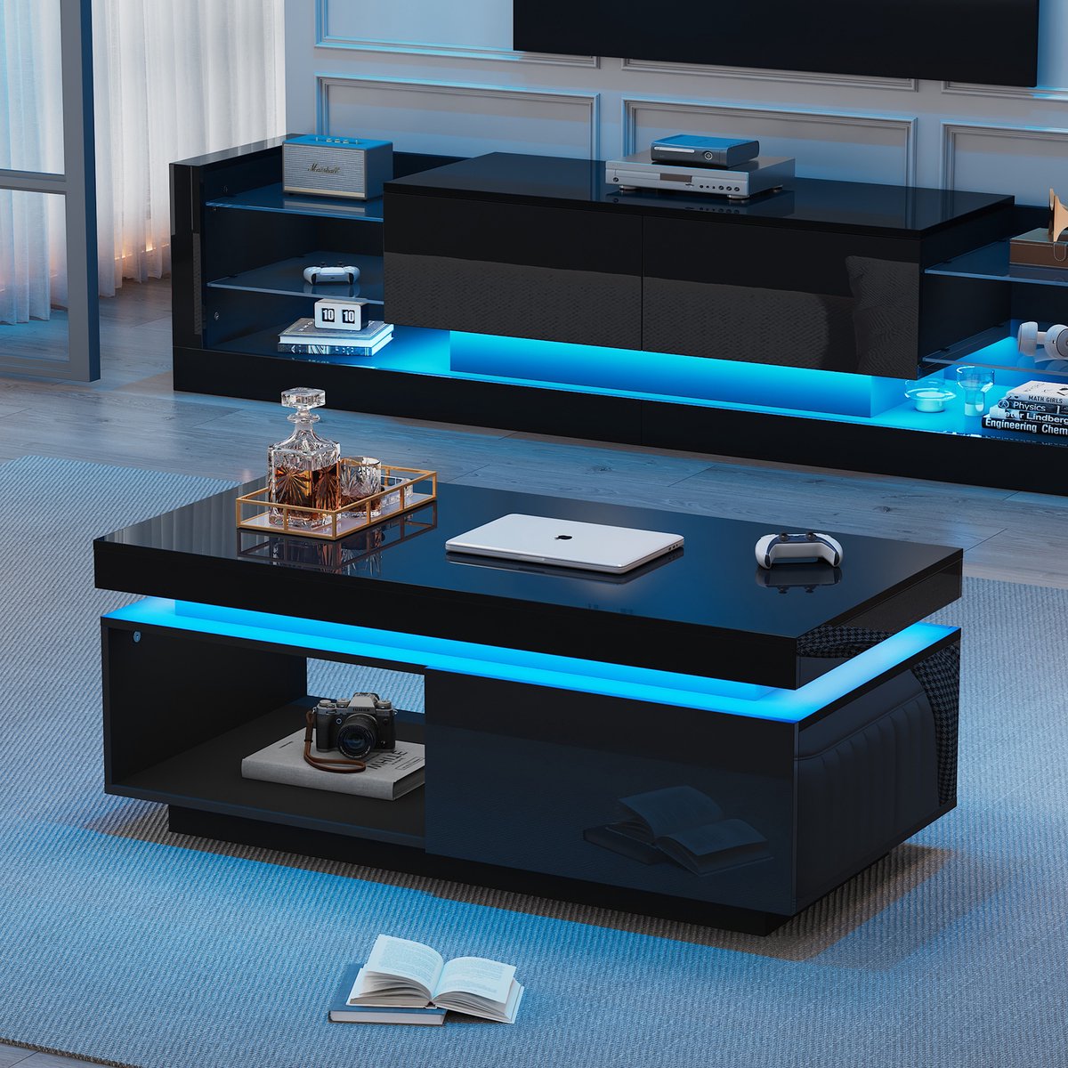 STILVORA Salontafels - Vorm 100x50x40.3 cm - Table Basse Met Lade En LED-Verlichting - Voor Gezellige Woonkamers - Hout - Zwart