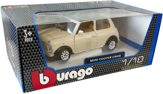 Bburago verpakking met crèmekleurige Mini Cooper 1969 schaalmodel 1:18.