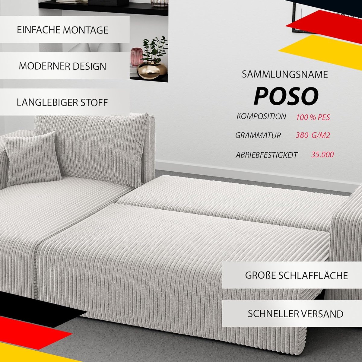 3-zits Hoekbank met Slaapfunctie 145 x 248 cm – L-vormige Bank met Bedkast en Uitschuifbare Slaapfunctie 200 x 125 cm – Comfortabele Bank met T30 Schuim en Veerzetel – Modern Woonkamer Hoekbank