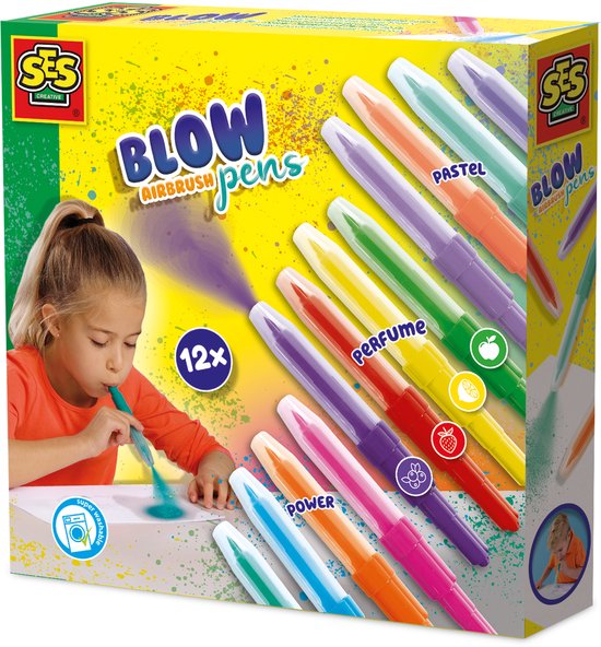 SES Creative Blow Airbrush Pens - Power, Pastel en Geur - Blaasstiften - Knutselen - Goed Uitwasbaar - Voor Kinderen Vanaf 5 Jaar - 12 Stuks