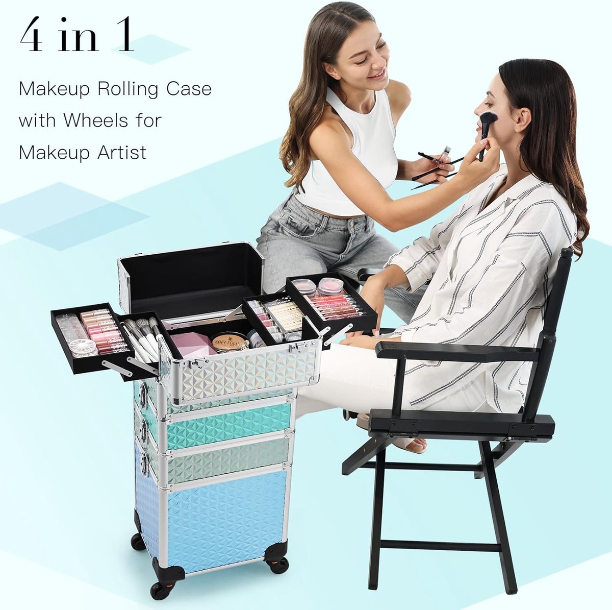 Professionele Make-up Trolley Train Case met Sleutels en 360° Roterende Wielen, Aluminium Cosmetische Koffer voor Visagisten, Kappers, Nageltechniek en Beauticians – Turquoise/Excursion (Getaway Solids)