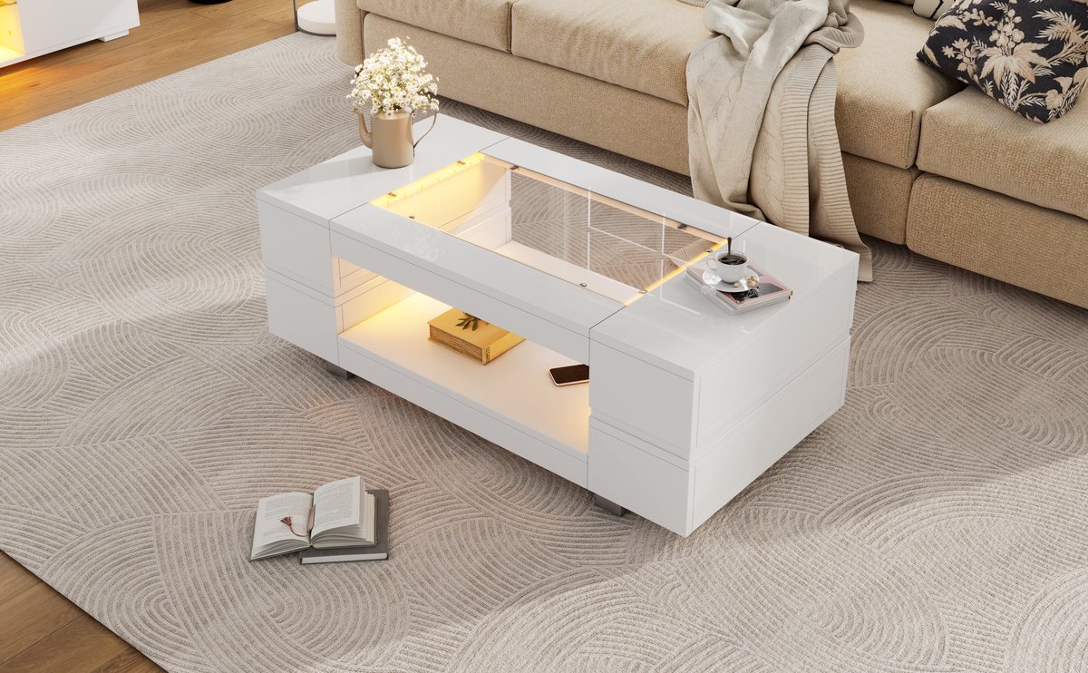 STILVORA Salontafels - Salontafel Met LED-Verlichting En Opbergruimte - 100x50x35 cm - Spaanplaat - Wit