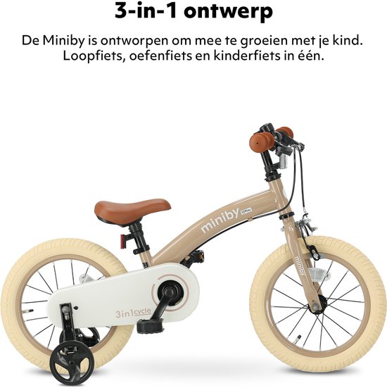Qplay Miniby Kinderfiets 14 inch - 3 in 1 - loopfiets - Nude Pink van Qplay — afbeelding 3