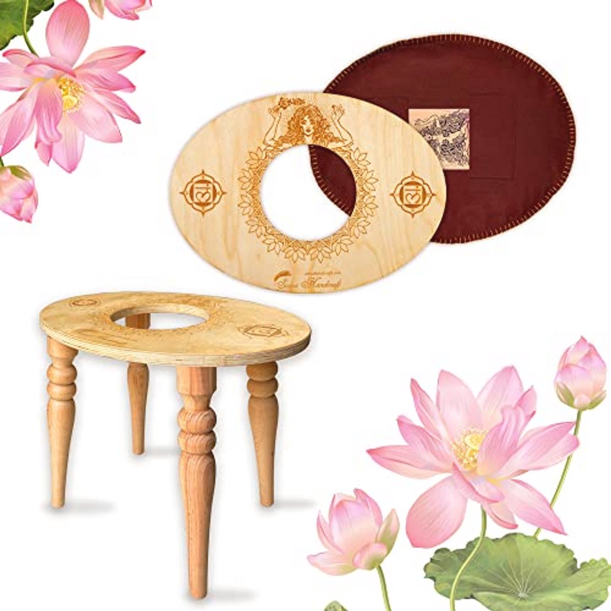 Zitkussen en Kussens in Luxe Doos - Houten Zitkussen met Gravures voor Yoga en Muladhara Set