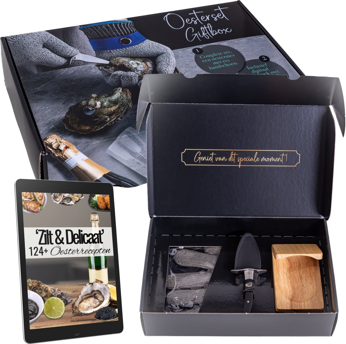 TEN® Geschenkset Oestermes Zwart met RVS Oesterhandschoen & Houten Oesterhouder + 124 Oesterrecepten - Cadeauverpakking/Zakelijk/Kado